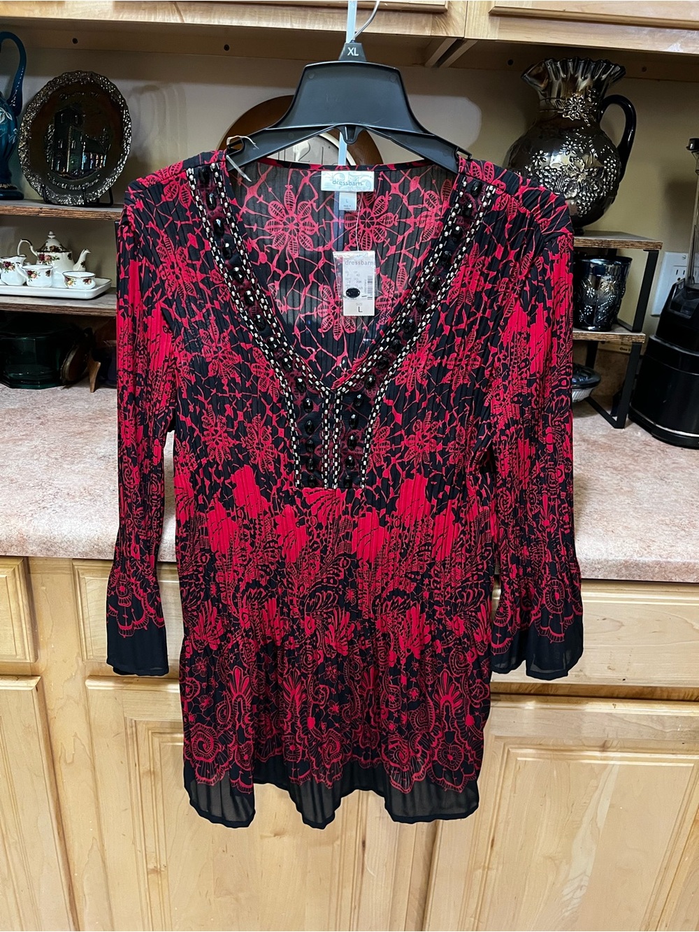 dressbarn Black Tunic with Red Floral Lace Overlay